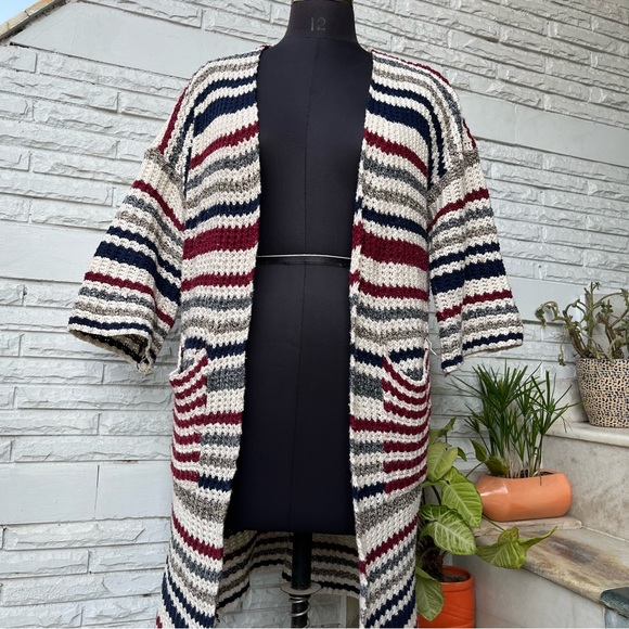 White Red Blue Korean Striped Knit Shrug, Long Shrug - Picture 4 of 12